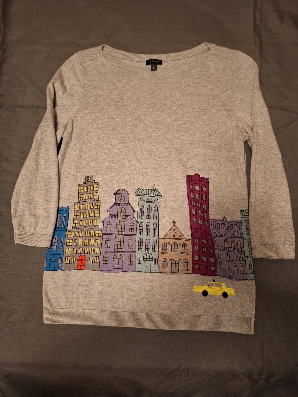 Talbots Gray Cityscape Skyline Yellow Taxi Cab Sweater Small